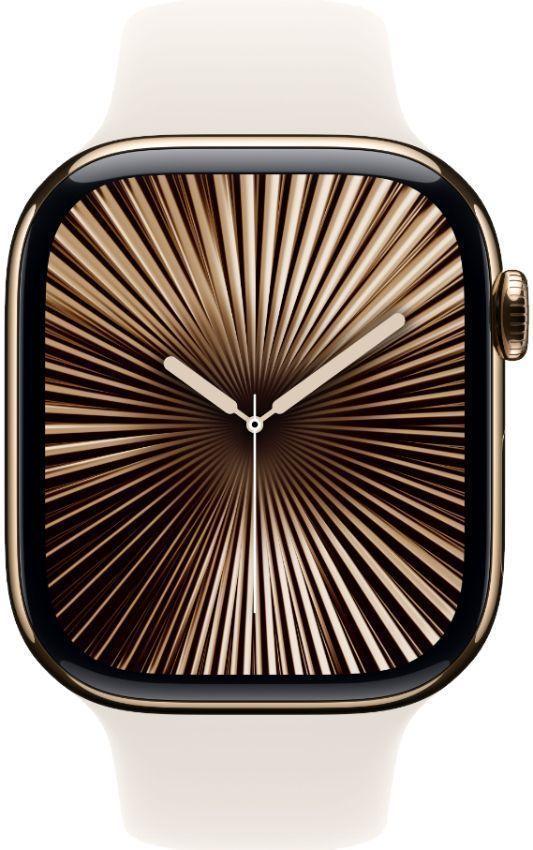 Apple Watch Series 10 (Cellular + GPS) - 64GB - 46mm - Gold Titanium Case with Starlight Rubber Sport Band - M/L Size