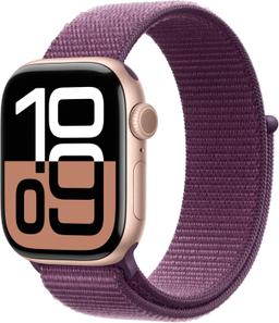 Apple Watch Series 10 (Cellular + GPS) - 64GB - 46mm - Rose Gold Aluminum Case with Plum Rubber Sport Loop Band - M/L Size