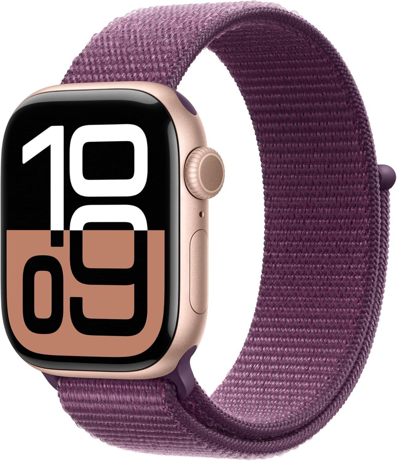 Apple Watch Series 10 (Cellular + GPS) - 64GB - 46mm - Rose Gold Aluminum Case with Plum Rubber Sport Loop Band - M/L Size
