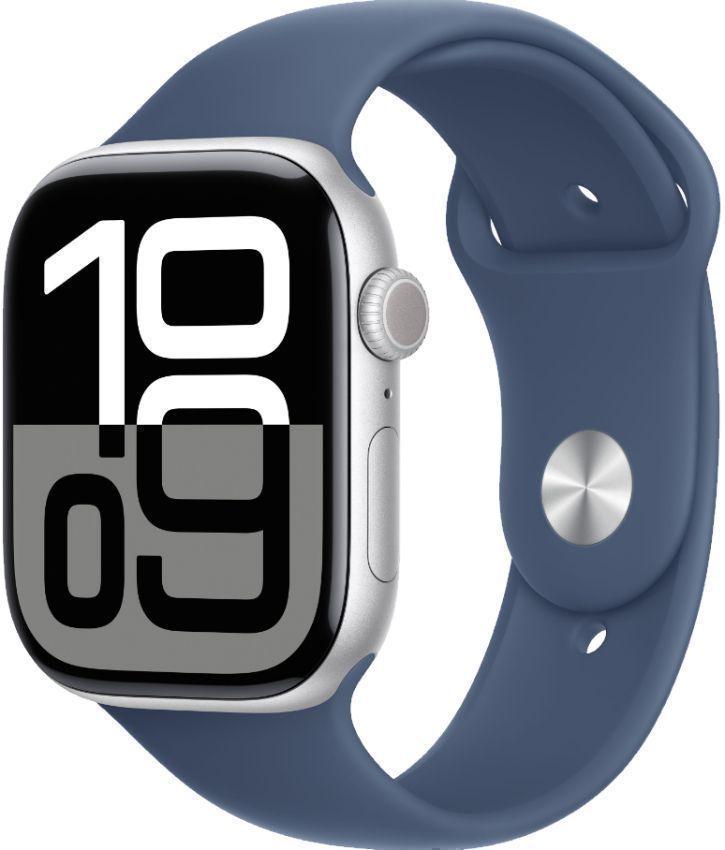Apple Watch Series 10 (Cellular + GPS) - 64GB - 46mm - Silver Aluminum Case with Denim Rubber Sport Band - M/L Size