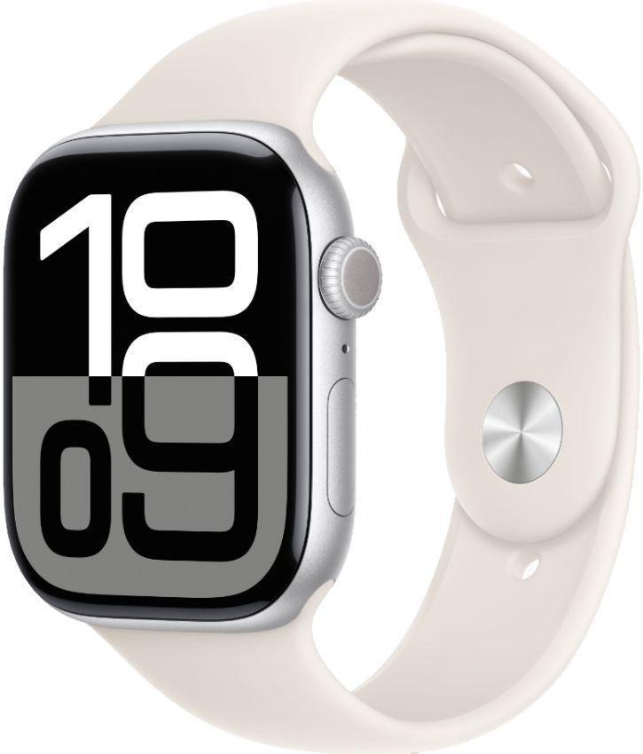 Apple Watch Series 10 (Cellular + GPS) - 64GB - 46mm - Silver Aluminum Case with Starlight Rubber Sport Band - One Size