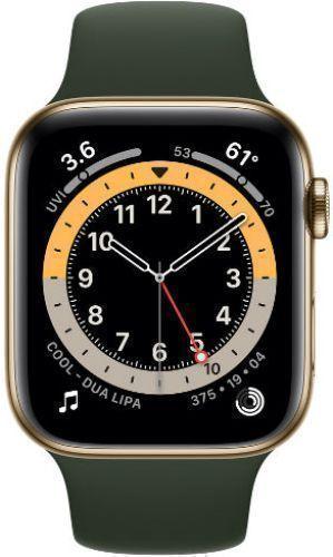 Apple Watch Series 6 (Cellular + GPS) - 32GB - 40mm - Gold Stainless Steel Case with Cyprus Green Rubber Sport Band