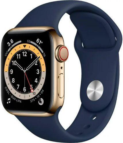 Apple Watch Series 6 (Cellular + GPS) - 32GB - 40mm - Gold Stainless Steel Case with Deep Navy Rubber Sport Band