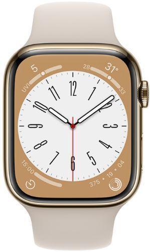 Apple Watch Series 8 (Cellular + GPS) - 32GB - 45mm - Gold Stainless Steel Case with Starlight Rubber Sport Band