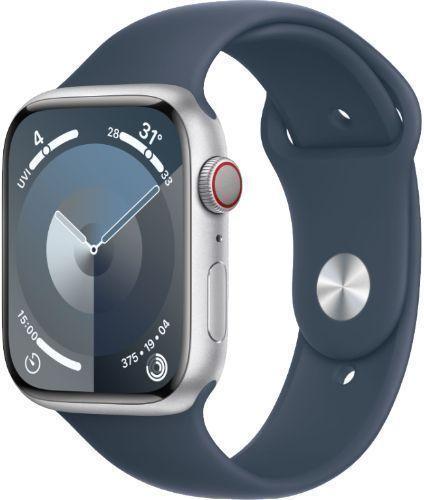 Apple Watch Series 9 (Cellular + GPS) - 64GB - 45mm - Silver Stainless Steel Case with Storm Blue Rubber Sport Band - Medium/Large Size