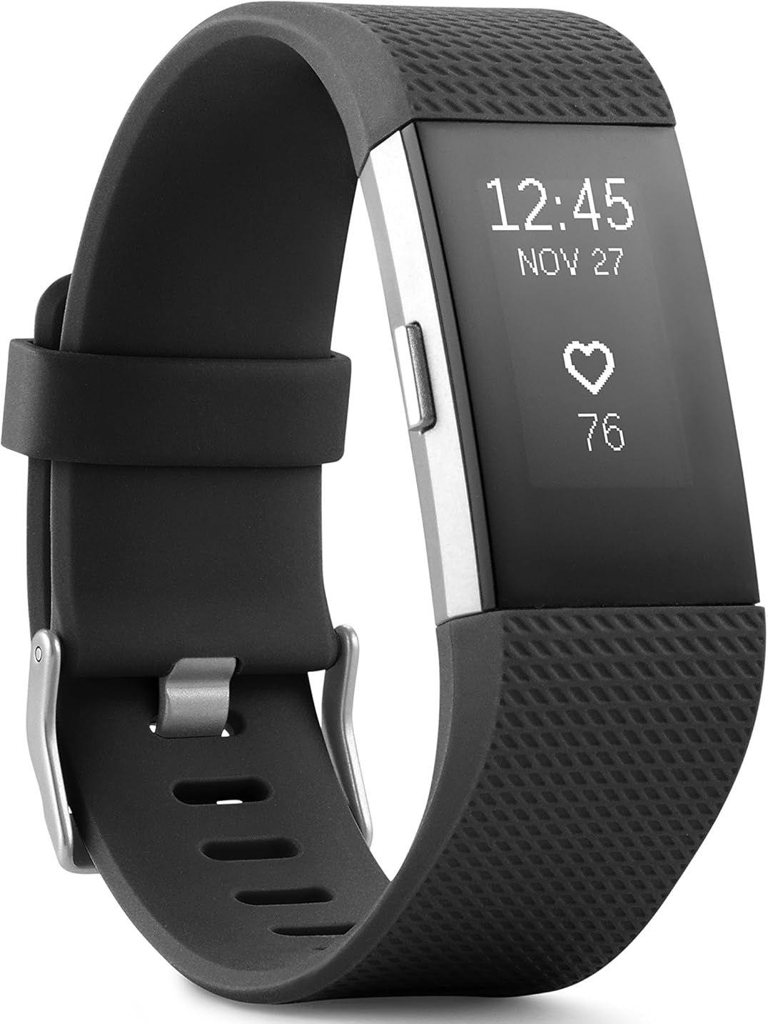Fitbit  Charge 2 Fitness Wristband - 22.6mm - Silver - Stainless Steel - Black - Elastomer - Large Size - Elastomer - Premium
