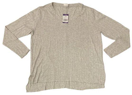Mote  Women's V-Neck Stretch Long Sleeve Ribbed Shirt L - Marled Oatmeal - Brand New