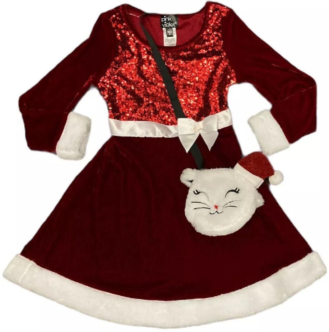 Pink & Violet  Holiday Girl's Dress with Cat Purse 4T - Red - Brand New