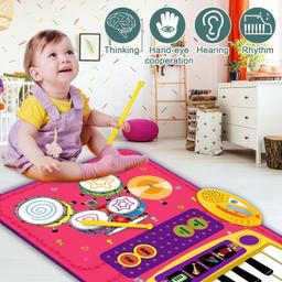 PRAGYM 2-in-1 Toddler Music Mat with Keyboard & Drum Toy - Red